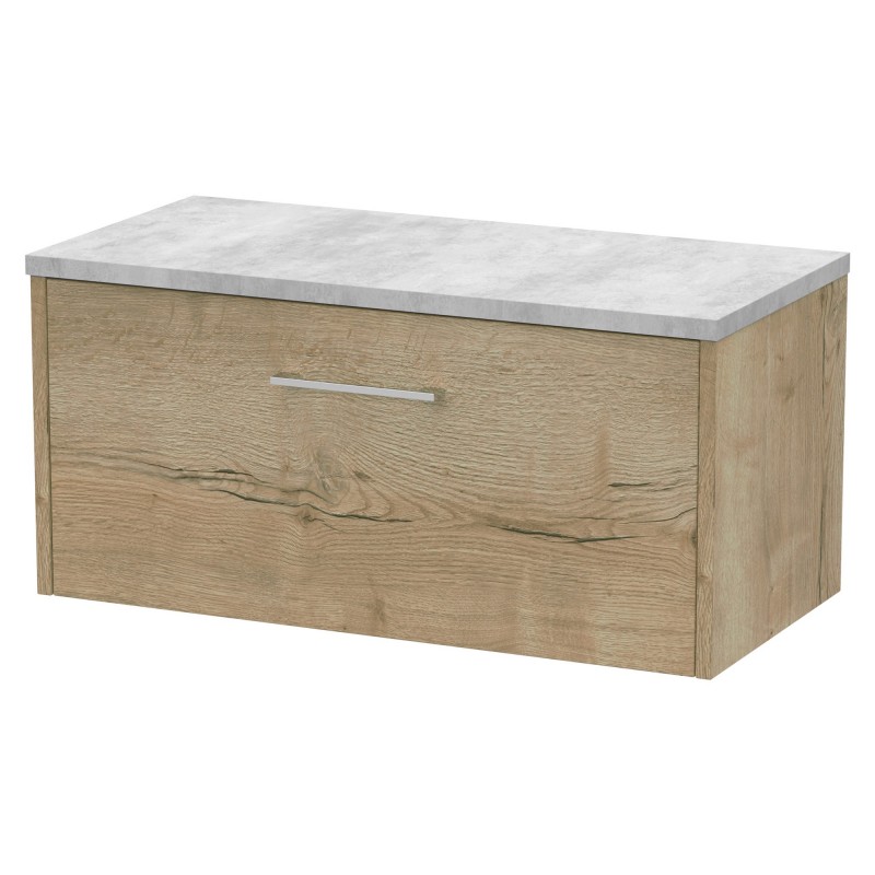 Juno 800mm Wall Hung Single Drawer Vanity With Bellato Grey Laminate Worktop - Autumn Oak Juno 800mm Wall Hung Single Drawer Vanity With Bellato Grey Laminate Worktop - Autumn Oak