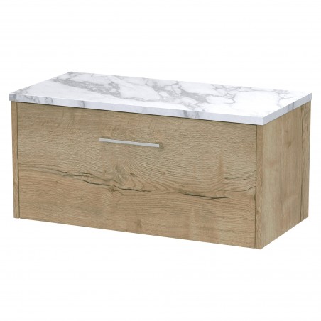 Juno 800mm Wall Hung 1 Drawer Vanity With Carrera Marble Laminate Worktop - Autumn Oak