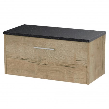 Juno 800mm Wall Hung Single Drawer Vanity With Black Sparkle Laminate Worktop - Autumn Oak