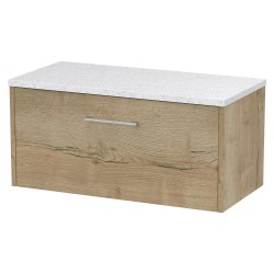 Juno 800mm Wall Hung Single Drawer Vanity With White Sparkle Laminate Worktop - Autumn Oak
