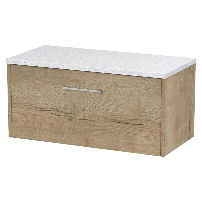 Juno 800mm Wall Hung Single Drawer Vanity With White Sparkle Laminate Worktop - Autumn Oak Juno 800mm Wall Hung Single Drawer Vanity With White Sparkle Laminate Worktop - Autumn Oak