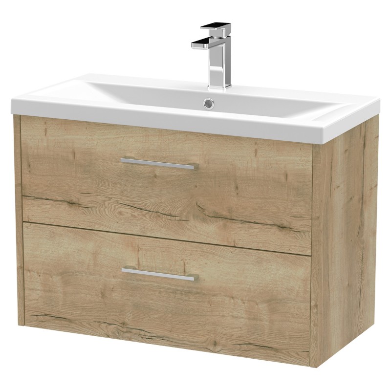 Juno 800mm Wall Hung 2 Drawer Vanity With Mid-Edge Ceramic Basin - Autumn Oak Juno 800mm Wall Hung 2 Drawer Vanity With Mid-Edge Ceramic Basin - Autumn Oak