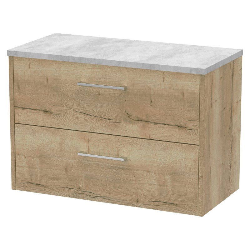 Juno 800mm Wall Hung 2 Drawer Vanity With Bellato Grey Laminate Worktop - Autumn Oak Juno 800mm Wall Hung 2 Drawer Vanity With Bellato Grey Laminate Worktop - Autumn Oak
