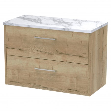 Juno 800mm Wall Hung 2 Drawer Vanity With Carrera Marble Laminate Worktop - Autumn Oak