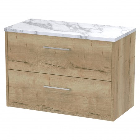 Juno 800mm Wall Hung 2 Drawer Vanity With Carrera Marble Laminate Worktop - Autumn Oak