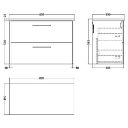 Juno 800mm Wall Hung 2 Drawer Vanity With Carrera Marble Laminate Worktop - Autumn Oak - Technical Drawing