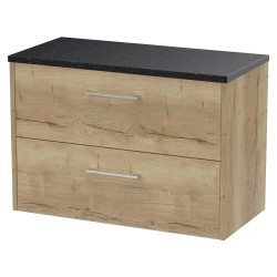 Juno 800mm Wall Hung 2 Drawer Vanity With Black Sparkle Laminate Worktop - Autumn Oak