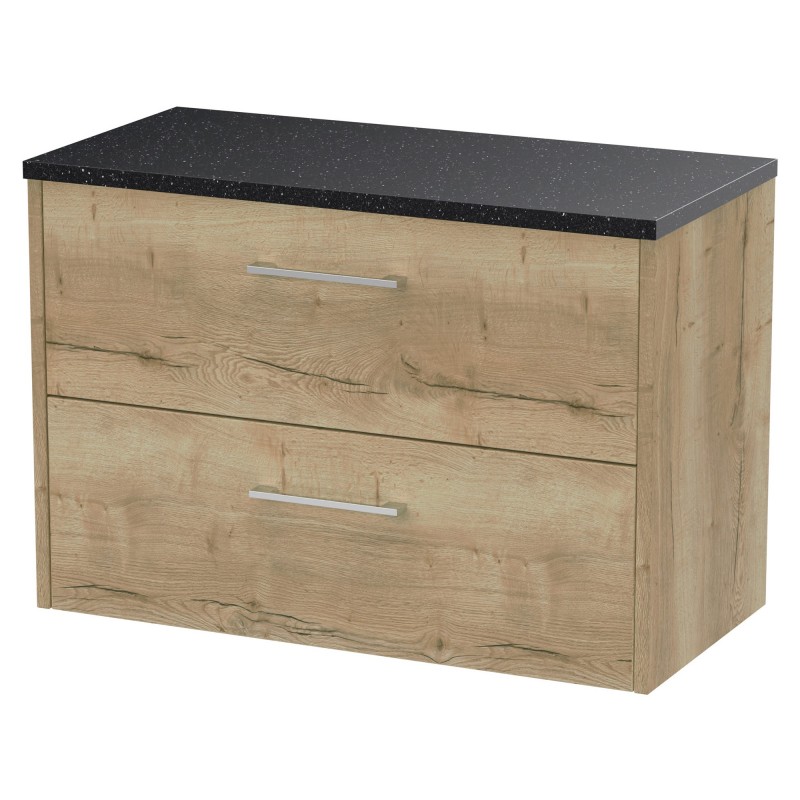 Juno 800mm Wall Hung 2 Drawer Vanity With Black Sparkle Laminate Worktop - Autumn Oak Juno 800mm Wall Hung 2 Drawer Vanity With Black Sparkle Laminate Worktop - Autumn Oak