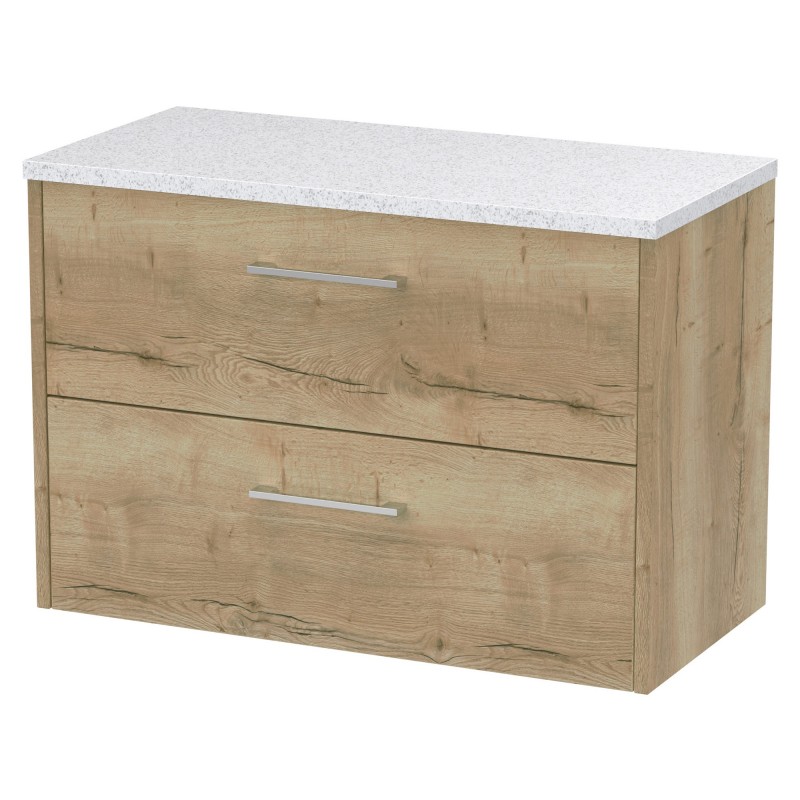 Juno 800mm Wall Hung 2 Drawer Vanity With White Sparkle Laminate Worktop - Autumn Oak Juno 800mm Wall Hung 2 Drawer Vanity With White Sparkle Laminate Worktop - Autumn Oak