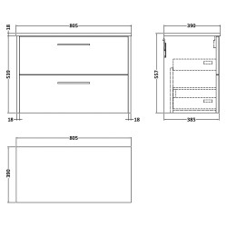 Juno 800mm Wall Hung 2 Drawer Vanity With Worktop - Autumn Oak - Technical Drawing