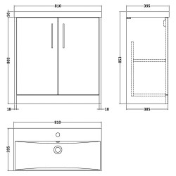 Juno 800mm Freestanding 2 Door Vanity With Thin-Edge Ceramic Basin - Graphite Grey - Technical Drawing