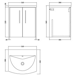 Juno 500mm Wall Hung 2 Door Vanity With Curved Ceramic Basin - Graphite Grey - Technical Drawing