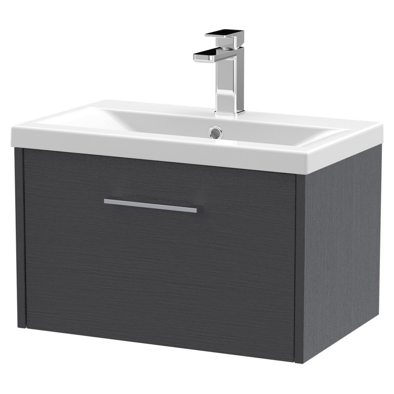 Juno 600mm Wall Hung Single Drawer Vanity With Mid-Edge Ceramic Basin - Graphite Grey Juno 600mm Wall Hung Single Drawer Vanity With Mid-Edge Ceramic Basin - Graphite Grey