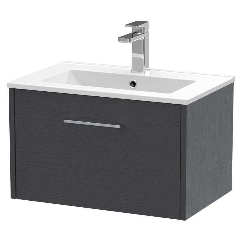 Juno 600mm Wall Hung Single Drawer Vanity With Minimalist Ceramic Basin - Graphite Grey Juno 600mm Wall Hung Single Drawer Vanity With Minimalist Ceramic Basin - Graphite Grey