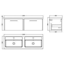 Juno 1200mm Wall Hung 2 Drawer Vanity With Double Polymarble Basin - Graphite Grey - Technical Drawing