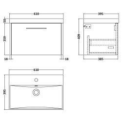 Juno 600mm Wall Hung Single Drawer Vanity With Thin-Edge Ceramic Basin - Graphite Grey - Technical Drawing