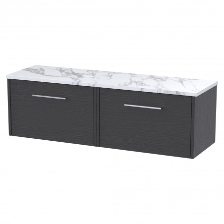 Juno 600mm Wall Hung 1 Drawer Vanity With Carrera Marble Laminate Worktop - Graphite Grey Woodgrain