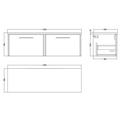 Juno 1200mm Wall Hung 2 Drawer Vanity With Black Sparkle Laminate Worktop - Graphite Grey Woodgrain - Technical Drawing