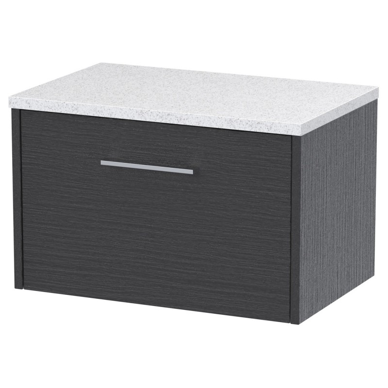 Juno 600mm Wall Hung Single Drawer Vanity With White Sparkle Laminate Worktop - Graphite Grey Juno 600mm Wall Hung Single Drawer Vanity With White Sparkle Laminate Worktop - Graphite Grey