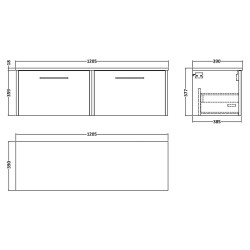 Juno 1200mm Wall Hung 2 Drawer Vanity With Worktop - Graphite Grey - Technical Drawing