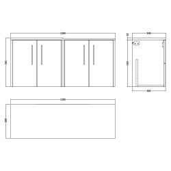 Juno 1200mm Wall Hung 4 Door Vanity With Bellato Grey Laminate Worktop - Graphite Grey Woodgrain - Technical Drawing