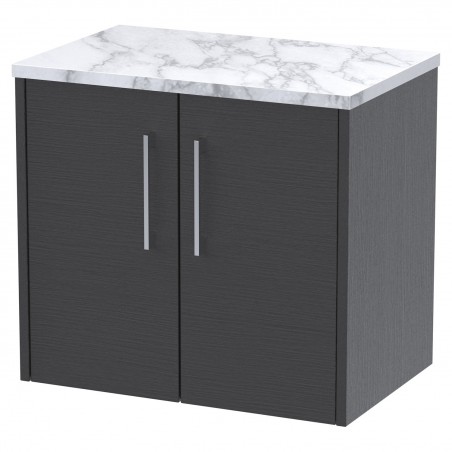 Juno 600mm Wall Hung 2 Door Vanity With Carrera Marble Laminate Worktop - Graphite Grey Woodgrain