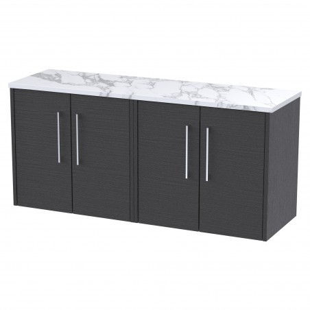 Juno 1200mm Wall Hung 4 Door Vanity With Carrera Marble Laminate Worktop - Graphite Grey Woodgrain