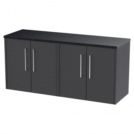 Juno 1200mm Wall Hung 4 Door Vanity With Black Sparkle Laminate Worktop - Graphite Grey Woodgrain