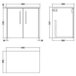 Juno 600mm Wall Hung 2 Door Vanity With Worktop - Graphite Grey - Technical Drawing