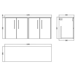 Juno 1200mm Wall Hung 4 Door Vanity With Worktop - Graphite Grey - Technical Drawing