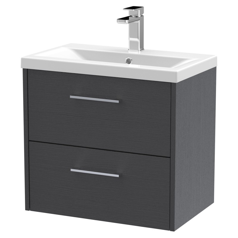 Juno 600mm Wall Hung 2 Drawer Vanity With Mid-Edge Ceramic Basin - Graphite Grey Juno 600mm Wall Hung 2 Drawer Vanity With Mid-Edge Ceramic Basin - Graphite Grey