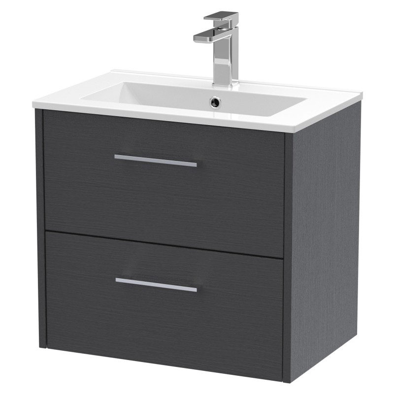 Juno 600mm Wall Hung 2 Drawer Vanity With Minimalist Ceramic Basin - Graphite Grey Juno 600mm Wall Hung 2 Drawer Vanity With Minimalist Ceramic Basin - Graphite Grey
