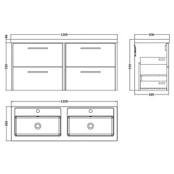 Juno 1200mm Wall Hung 4 Door Vanity With Double Polymarble Basin - Graphite Grey - Technical Drawing