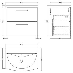 Juno 600mm Wall Hung 2 Drawer Vanity With Curved Ceramic Basin - Graphite Grey - Technical Drawing
