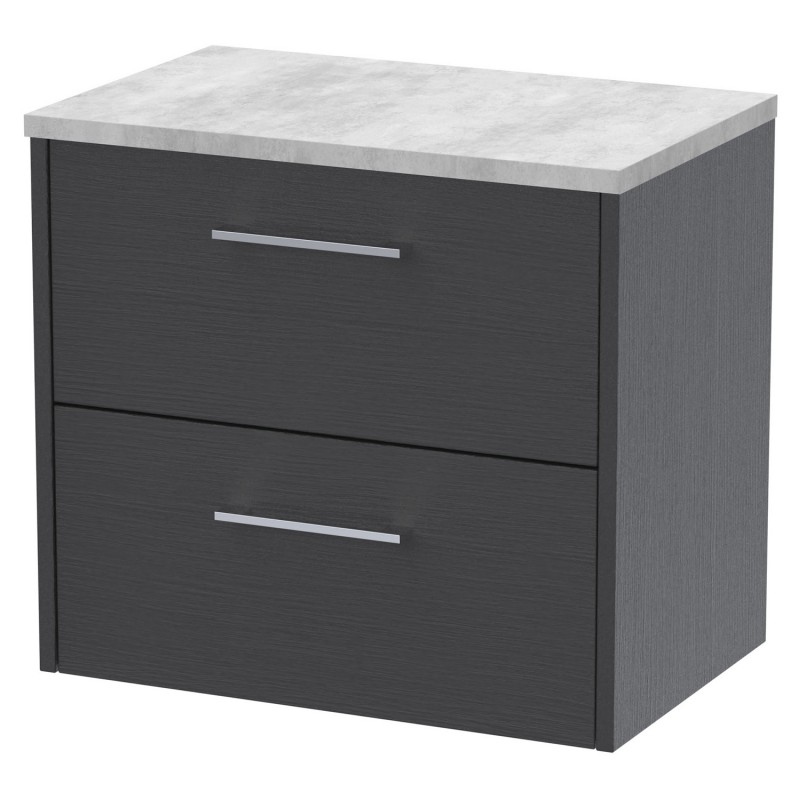 Juno 600mm Wall Hung 2 Drawer Vanity With Bellato Grey Laminate Worktop - Graphite Grey Juno 600mm Wall Hung 2 Drawer Vanity With Bellato Grey Laminate Worktop - Graphite Grey