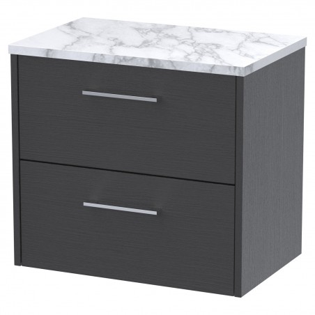 Juno 600mm Wall Hung 2 Drawer Vanity With Carrera Marble Laminate Worktop - Graphite Grey Woodgrain