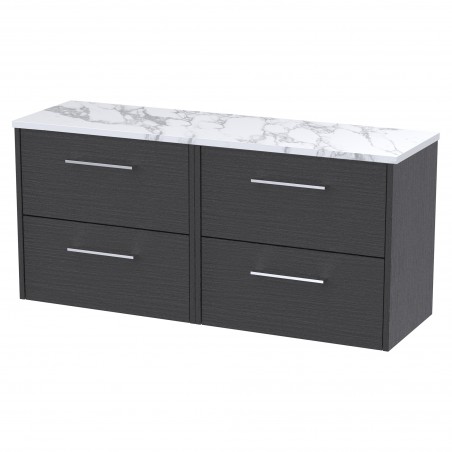 Juno 1200mm Wall Hung 4 Drawer Vanity With Carrera Marble Laminate Worktop - Graphite Grey Woodgrain