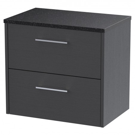 Juno 600mm Wall Hung 2 Drawer Vanity With Black Sparkle Laminate Worktop - Graphite Grey