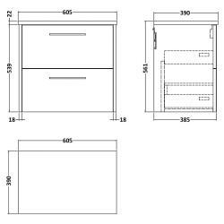 Juno 600mm Wall Hung 2 Drawer Vanity With White Sparkle Laminate Worktop - Graphite Grey - Technical Drawing