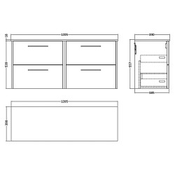 Juno 1200mm Wall Hung 4 Drawer Vanity With Worktop - Graphite Grey - Technical Drawing