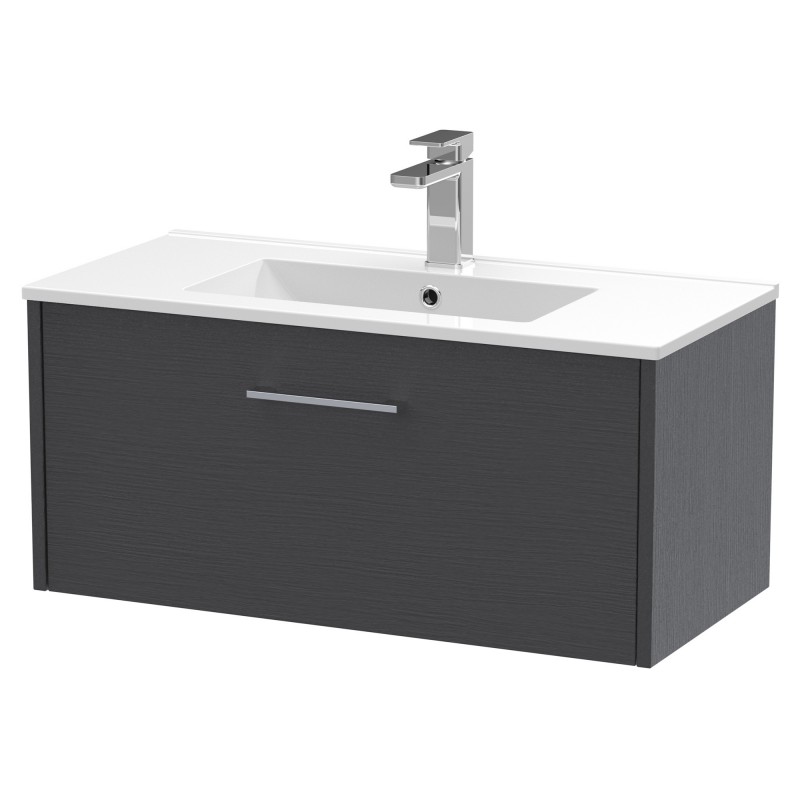 Juno 800mm Wall Hung Single Drawer Vanity With Minimalist Ceramic Basin - Graphite Grey Juno 800mm Wall Hung Single Drawer Vanity With Minimalist Ceramic Basin - Graphite Grey