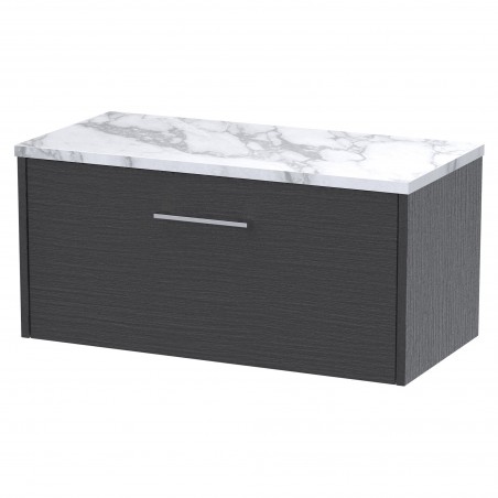 Juno 800mm Wall Hung 1 Drawer Vanity With Carrera Marble Laminate Worktop - Graphite Grey Woodgrain