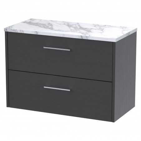 Juno 800mm Wall Hung 2 Drawer Vanity With Carrera Marble Laminate Worktop - Graphite Grey Woodgrain