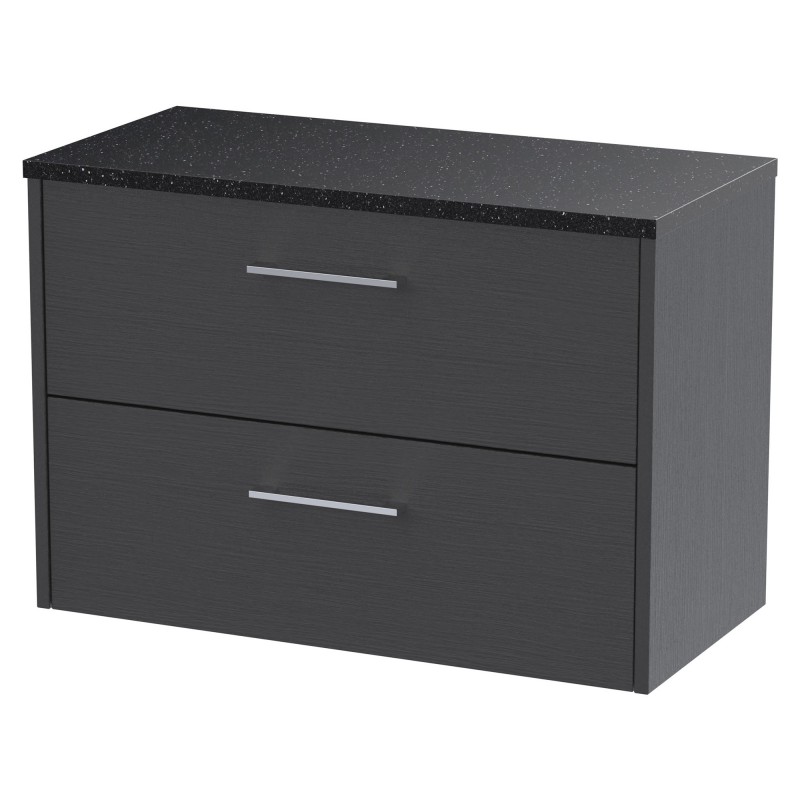Juno 800mm Wall Hung 2 Drawer Vanity With Black Sparkle Laminate Worktop - Graphite Grey Juno 800mm Wall Hung 2 Drawer Vanity With Black Sparkle Laminate Worktop - Graphite Grey