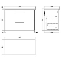 Juno 800mm Wall Hung 2 Drawer Vanity With Black Sparkle Laminate Worktop - Graphite Grey - Technical Drawing