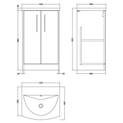 Juno 500mm Freestanding 2 Door Vanity With Curved Ceramic Basin - Coastal Grey - Technical Drawing