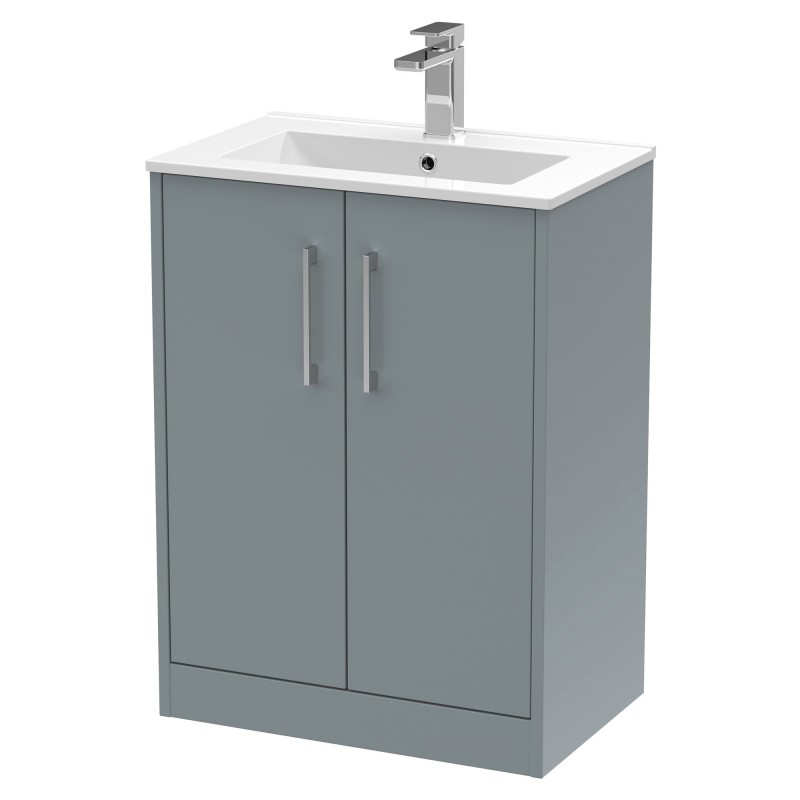 Juno 600mm Freestanding 2 Door Vanity With Minimalist Ceramic Basin - Coastal Grey Juno 600mm Freestanding 2 Door Vanity With Minimalist Ceramic Basin - Coastal Grey