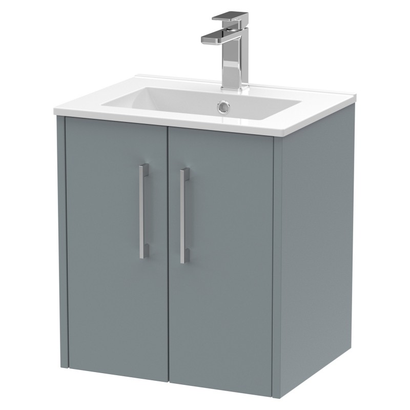 Juno 500mm Wall Hung 2 Door Vanity With Minimalist Ceramic Basin - Coastal Grey Juno 500mm Wall Hung 2 Door Vanity With Minimalist Ceramic Basin - Coastal Grey