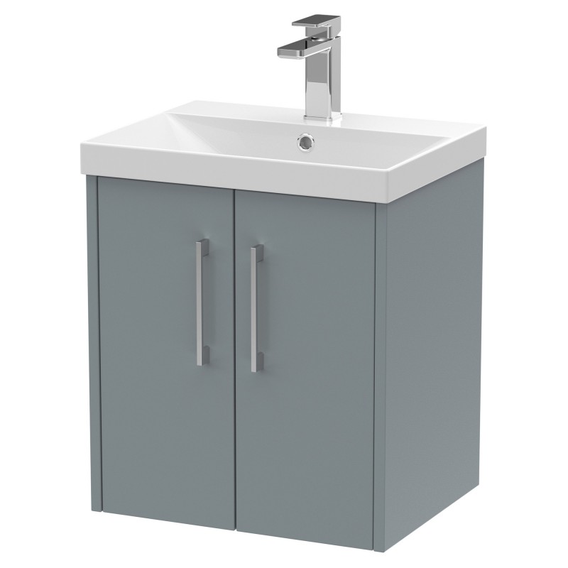 Juno 500mm Wall Hung 2 Door Vanity With Thin-Edge Ceramic Basin - Coastal Grey Juno 500mm Wall Hung 2 Door Vanity With Thin-Edge Ceramic Basin - Coastal Grey