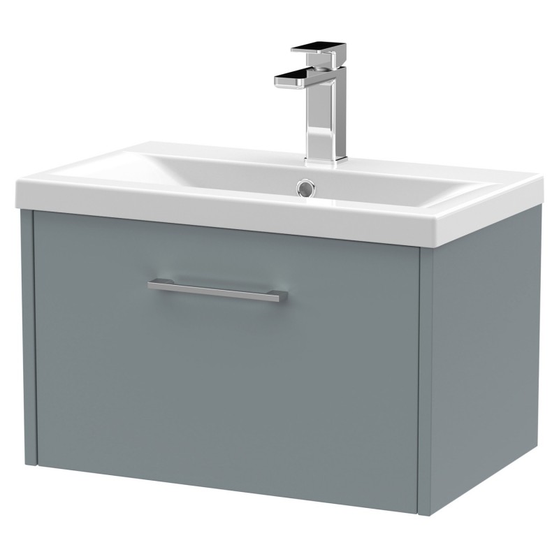 Juno 600mm Wall Hung Single Drawer Vanity With Mid-Edge Ceramic Basin - Coastal Grey Juno 600mm Wall Hung Single Drawer Vanity With Mid-Edge Ceramic Basin - Coastal Grey